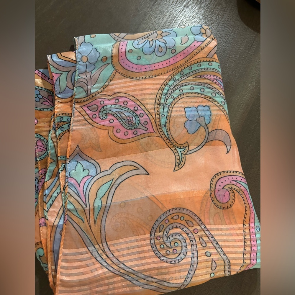 Vintage Sheer Paisley Scarf in Peach with Pastel Accents - Picture 1 of 5